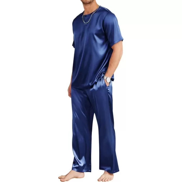 Ekouaer Mens Silk Satin Pajama Set Short Sleeve Sleepwear Silky Loungewear with Long PantsButton Down Navy Blue