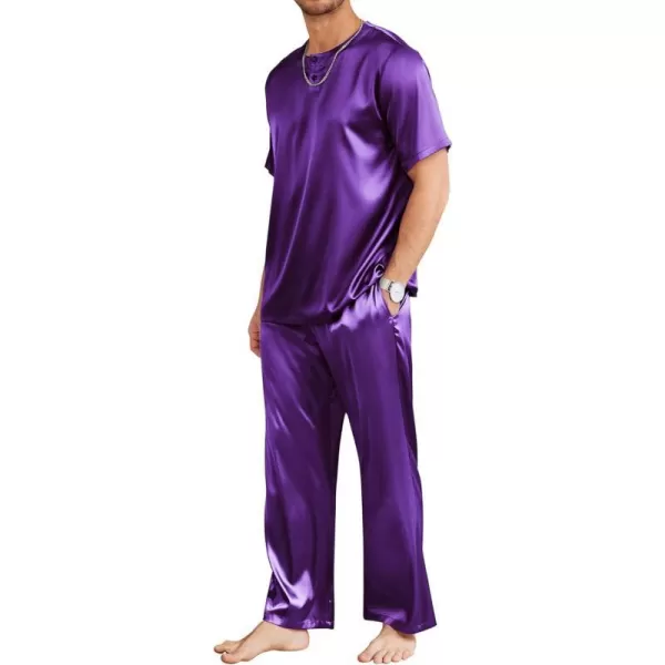 Ekouaer Mens Silk Satin Pajama Set Short Sleeve Sleepwear Silky Loungewear with Long PantsButton Down Purple