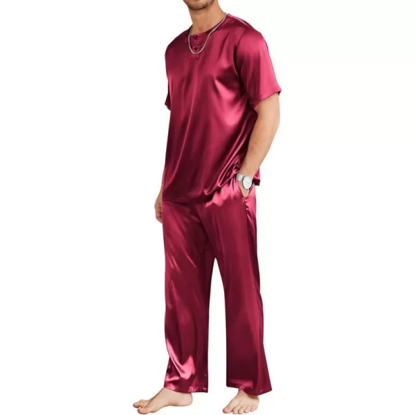 Ekouaer Mens Silk Satin Pajama Set Short Sleeve Sleepwear Silky Loungewear with Long PantsButton Down Wine Red