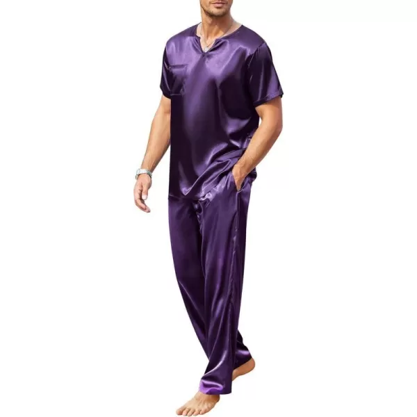 Ekouaer Mens Silk Satin Pajama Set Short Sleeve Sleepwear Silky Loungewear with Long PantsV Neck V Neckpurple