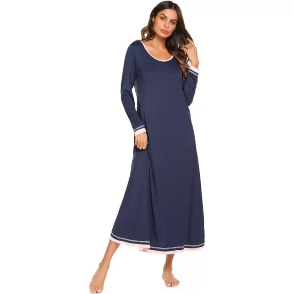 Ekouaer Nightgown Women Long Sleeve Sleepwear Full Length Long Nightshirt Soft Loungewear SXXXLNavy