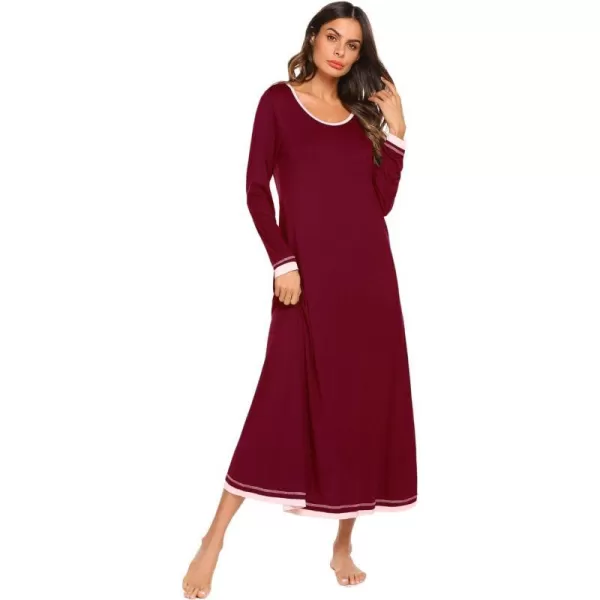 Ekouaer Nightgown Women Long Sleeve Sleepwear Full Length Long Nightshirt Soft Loungewear SXXXLWine Red