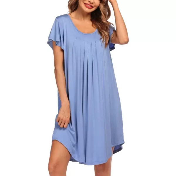 Ekouaer Nightgown Womens Sleepshirt Soft Sleepwear Pleated Nightshirt Comfy Sleep Dress Short Sleeve Flare Nightdress S3XLAlight Blue