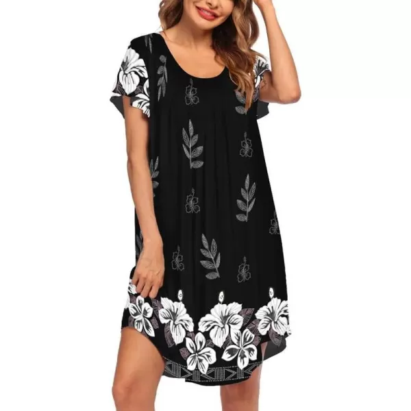 Ekouaer Nightgown Womens Sleepshirt Soft Sleepwear Pleated Nightshirt Comfy Sleep Dress Short Sleeve Flare Nightdress S3XLFloral Black