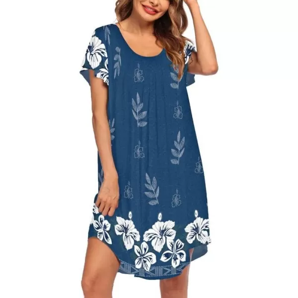 Ekouaer Nightgown Womens Sleepshirt Soft Sleepwear Pleated Nightshirt Comfy Sleep Dress Short Sleeve Flare Nightdress S3XLFloral Blue