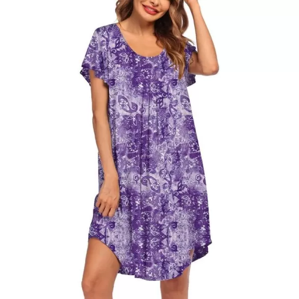 Ekouaer Nightgown Womens Sleepshirt Soft Sleepwear Pleated Nightshirt Comfy Sleep Dress Short Sleeve Flare Nightdress S3XLFloral Purple