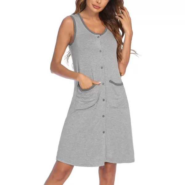 Ekouaer Nightgown Womens Sleeveless Sleepwear Button Down Nightshirt with Pockets SXXLLight Grey