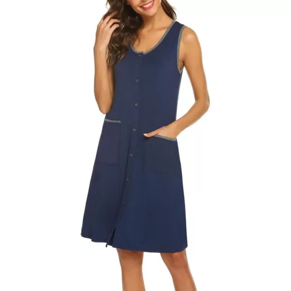 Ekouaer Nightgown Womens Sleeveless Sleepwear Button Down Nightshirt with Pockets SXXLNavy