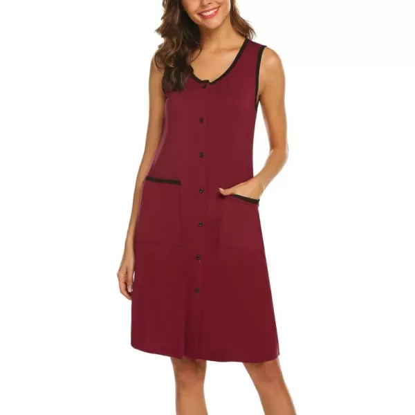 Ekouaer Nightgown Womens Sleeveless Sleepwear Button Down Nightshirt with Pockets SXXLWine Red