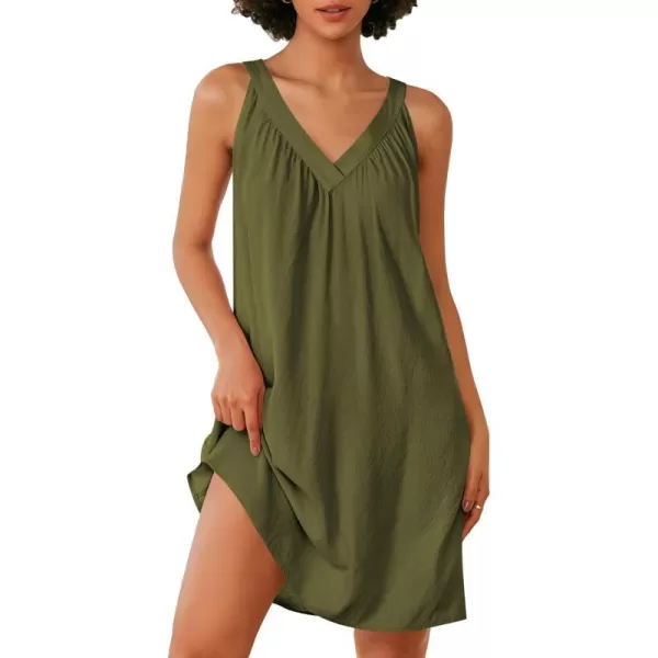 Ekouaer Nightgown for Women Sleeveless Sleepwear Lightweight Racerback Sleep Shirt Pleated V Neck Night Dress Short ChemiseArmy Green