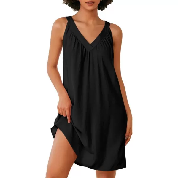 Ekouaer Nightgown for Women Sleeveless Sleepwear Lightweight Racerback Sleep Shirt Pleated V Neck Night Dress Short ChemiseBlack