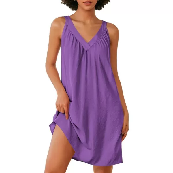 Ekouaer Nightgown for Women Sleeveless Sleepwear Lightweight Racerback Sleep Shirt Pleated V Neck Night Dress Short ChemiseBright Purple