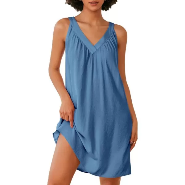 Ekouaer Nightgown for Women Sleeveless Sleepwear Lightweight Racerback Sleep Shirt Pleated V Neck Night Dress Short ChemiseLake Blue