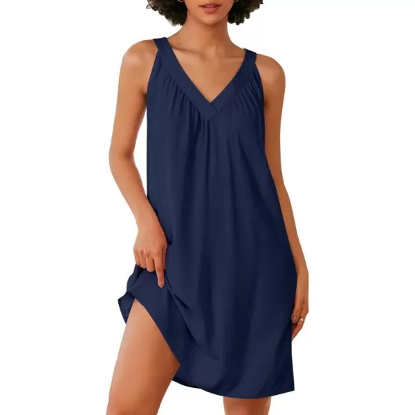 Ekouaer Nightgown for Women Sleeveless Sleepwear Lightweight Racerback Sleep Shirt Pleated V Neck Night Dress Short ChemiseNavy Blue