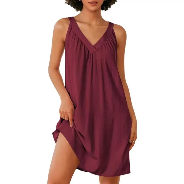 Ekouaer Nightgown for Women Sleeveless Sleepwear Lightweight Racerback Sleep Shirt Pleated V Neck Night Dress Short ChemiseWine Red