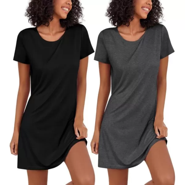 Ekouaer Nightgowns for Women 2 Pack Night Shirts Short Sleeve Sleapwear Soft Sleep Dress SolidPrinted NightDress SXXLAblack  Grey