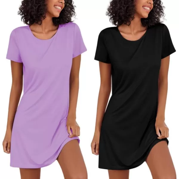 Ekouaer Nightgowns for Women 2 Pack Night Shirts Short Sleeve Sleapwear Soft Sleep Dress SolidPrinted NightDress SXXLAblackpurple