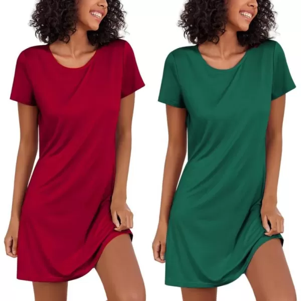 Ekouaer Nightgowns for Women 2 Pack Night Shirts Short Sleeve Sleapwear Soft Sleep Dress SolidPrinted NightDress SXXLAgreenred