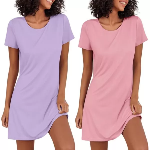 Ekouaer Nightgowns for Women 2 Pack Night Shirts Short Sleeve Sleapwear Soft Sleep Dress SolidPrinted NightDress SXXLAlilacdark Pink