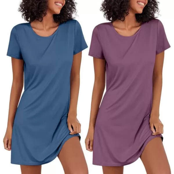 Ekouaer Nightgowns for Women 2 Pack Night Shirts Short Sleeve Sleapwear Soft Sleep Dress SolidPrinted NightDress SXXLAmauveblue