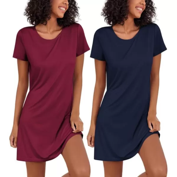 Ekouaer Nightgowns for Women 2 Pack Night Shirts Short Sleeve Sleapwear Soft Sleep Dress SolidPrinted NightDress SXXLAnavy Blue  Wine Red