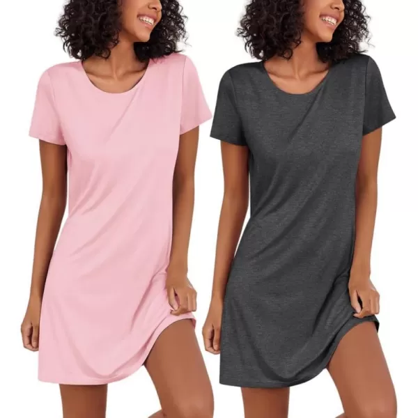 Ekouaer Nightgowns for Women 2 Pack Night Shirts Short Sleeve Sleapwear Soft Sleep Dress SolidPrinted NightDress SXXLApink  Grey