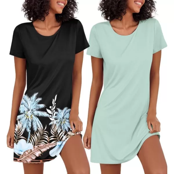 Ekouaer Nightgowns for Women 2 Pack Night Shirts Short Sleeve Sleapwear Soft Sleep Dress SolidPrinted NightDress SXXLBblack Coconut Treelight Green