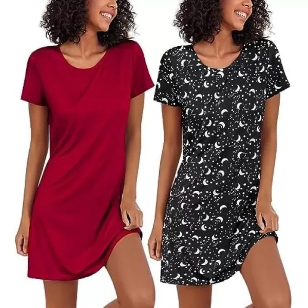 Ekouaer Nightgowns for Women 2 Pack Night Shirts Short Sleeve Sleapwear Soft Sleep Dress SolidPrinted NightDress SXXLBblack Star  Wine Red