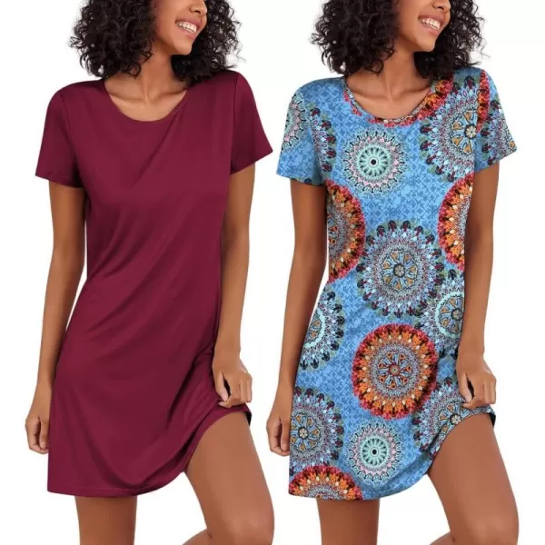 Ekouaer Nightgowns for Women 2 Pack Night Shirts Short Sleeve Sleapwear Soft Sleep Dress SolidPrinted NightDress SXXLBblue Boho  Maroon