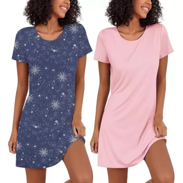 Ekouaer Nightgowns for Women 2 Pack Night Shirts Short Sleeve Sleapwear Soft Sleep Dress SolidPrinted NightDress SXXLBblue Star  Pink