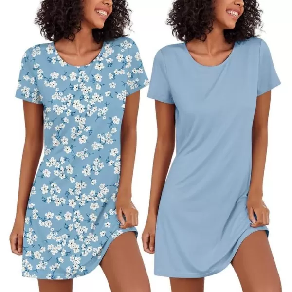 Ekouaer Nightgowns for Women 2 Pack Night Shirts Short Sleeve Sleapwear Soft Sleep Dress SolidPrinted NightDress SXXLBdusty Blueligt Blue