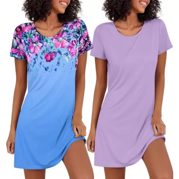 Ekouaer Nightgowns for Women 2 Pack Night Shirts Short Sleeve Sleapwear Soft Sleep Dress SolidPrinted NightDress SXXLBflorallilac