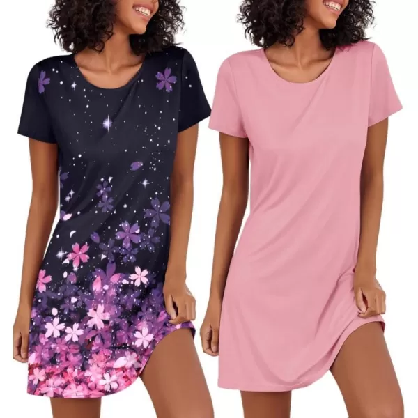 Ekouaer Nightgowns for Women 2 Pack Night Shirts Short Sleeve Sleapwear Soft Sleep Dress SolidPrinted NightDress SXXLBfloralpink