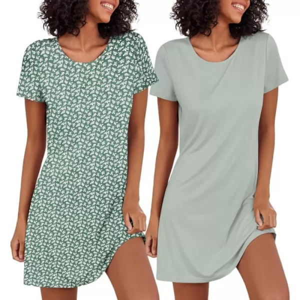 Ekouaer Nightgowns for Women 2 Pack Night Shirts Short Sleeve Sleapwear Soft Sleep Dress SolidPrinted NightDress SXXLBgreen Floralgreen