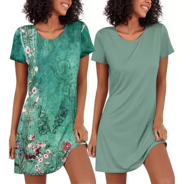 Ekouaer Nightgowns for Women 2 Pack Night Shirts Short Sleeve Sleapwear Soft Sleep Dress SolidPrinted NightDress SXXLBink Paintinggreen