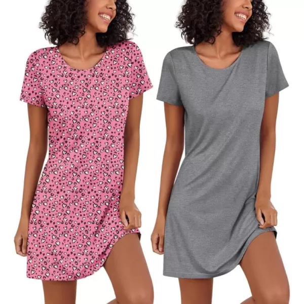 Ekouaer Nightgowns for Women 2 Pack Night Shirts Short Sleeve Sleapwear Soft Sleep Dress SolidPrinted NightDress SXXLBpink Heart  Light Grey