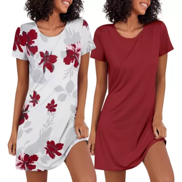 Ekouaer Nightgowns for Women 2 Pack Night Shirts Short Sleeve Sleapwear Soft Sleep Dress SolidPrinted NightDress SXXLBred Flower Whitewine Red