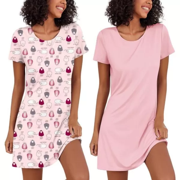 Ekouaer Nightgowns for Women 2 Pack Night Shirts Short Sleeve Sleapwear Soft Sleep Dress SolidPrinted NightDress SXXLBsheeppink