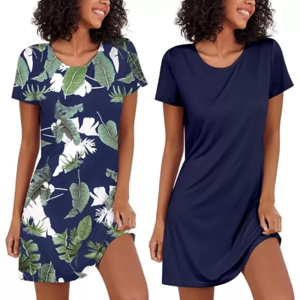 Ekouaer Nightgowns for Women 2 Pack Night Shirts Short Sleeve Sleapwear Soft Sleep Dress SolidPrinted NightDress SXXLBtropical Leafnavy Blue