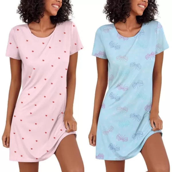 Ekouaer Nightgowns for Women 2 Pack Night Shirts Short Sleeve Sleapwear Soft Sleep Dress SolidPrinted NightDress SXXLCflyingheart