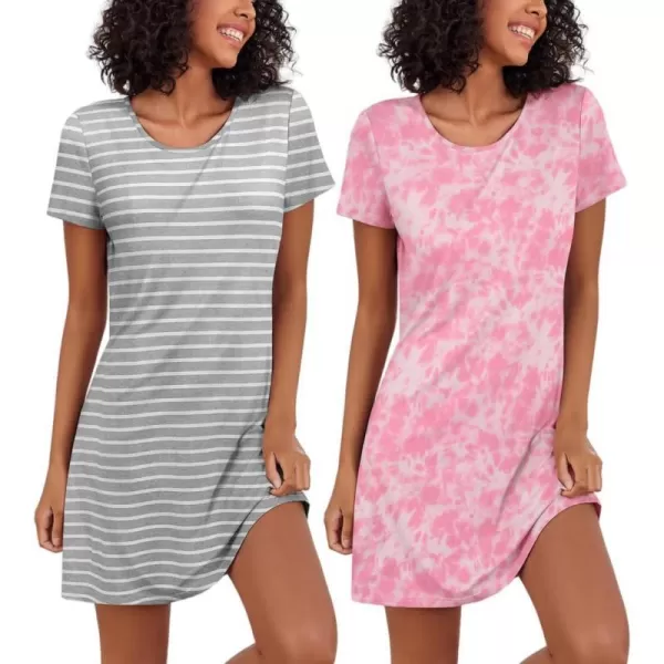 Ekouaer Nightgowns for Women 2 Pack Night Shirts Short Sleeve Sleapwear Soft Sleep Dress SolidPrinted NightDress SXXLCpink Tie Dye  Grey Stripe