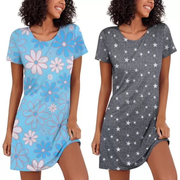 Ekouaer Nightgowns for Women 2 Pack Night Shirts Short Sleeve Sleapwear Soft Sleep Dress SolidPrinted NightDress SXXLCstarflower