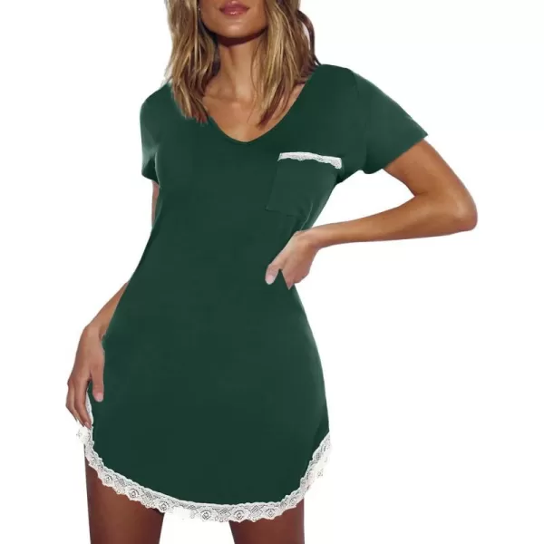 Ekouaer Nightgowns for Women Sexy Sleepshirts V Neck Short Sleeve Sleepwear Lace Trim Soft Short Night Shirts XS3XLAdark Green