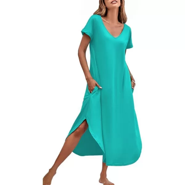 Ekouaer Nightgowns for Women V Neck Nightshirts Short Sleeve Soft Sleepwear Side Split Pockets Long Nightdress S3XLAqua Green