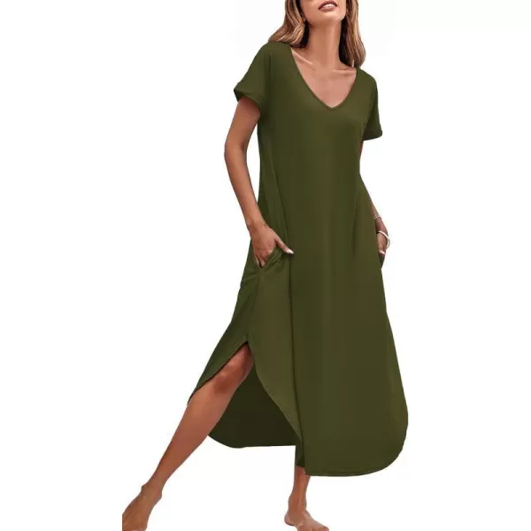 Ekouaer Nightgowns for Women V Neck Nightshirts Short Sleeve Soft Sleepwear Side Split Pockets Long Nightdress S3XLArmy Green