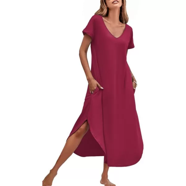 Ekouaer Nightgowns for Women V Neck Nightshirts Short Sleeve Soft Sleepwear Side Split Pockets Long Nightdress S3XLCherry Red