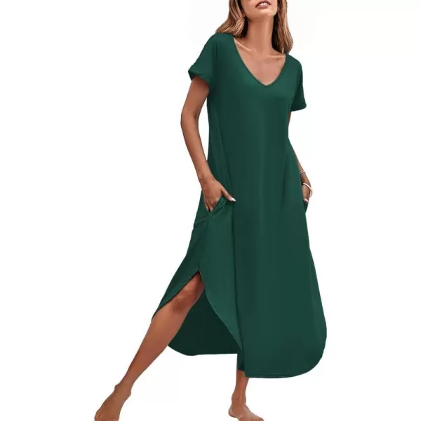 Ekouaer Nightgowns for Women V Neck Nightshirts Short Sleeve Soft Sleepwear Side Split Pockets Long Nightdress S3XLDark Green