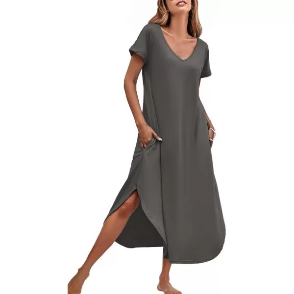 Ekouaer Nightgowns for Women V Neck Nightshirts Short Sleeve Soft Sleepwear Side Split Pockets Long Nightdress S3XLDark Grey