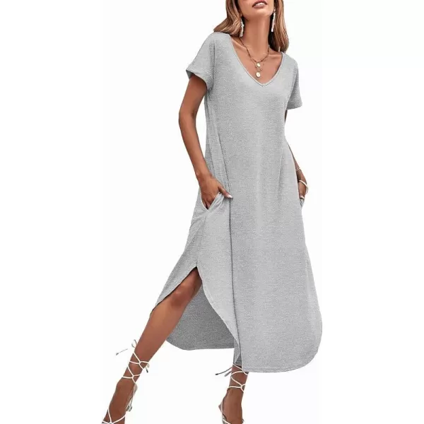 Ekouaer Nightgowns for Women V Neck Nightshirts Short Sleeve Soft Sleepwear Side Split Pockets Long Nightdress S3XLLgrey Textile