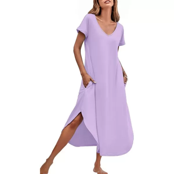 Ekouaer Nightgowns for Women V Neck Nightshirts Short Sleeve Soft Sleepwear Side Split Pockets Long Nightdress S3XLLilac